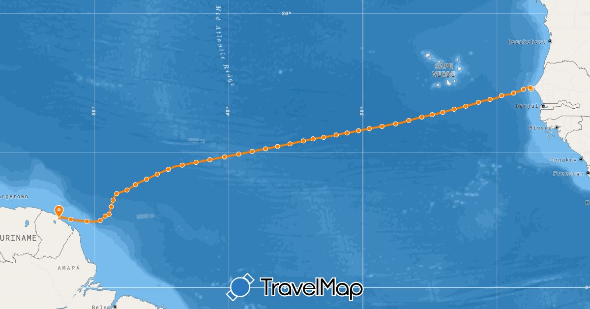 TravelMap itinerary: aviron de mer in French Guiana, Senegal (Africa, South America)